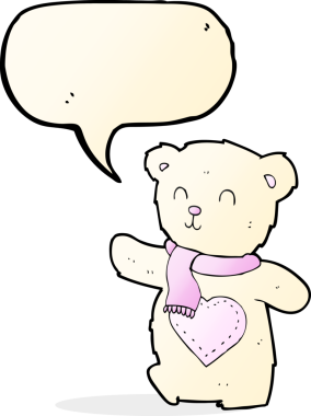 Bir insan tarafından çizilmiş, aşk dolu bir kalbi olan beyaz bir oyuncak ayı.