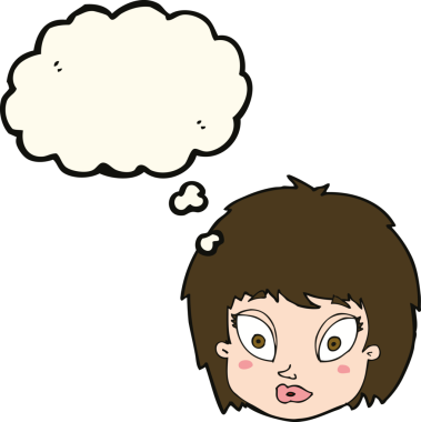 Bir insan tarafından çizilmiş düşünce baloncuğuyla kadın yüzünü şaşırtan çizgi film.