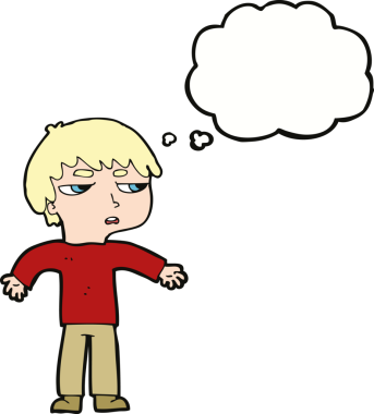 Bir insan tarafından çizilen düşünce baloncuğuyla sinirlenmiş bir çocuk.