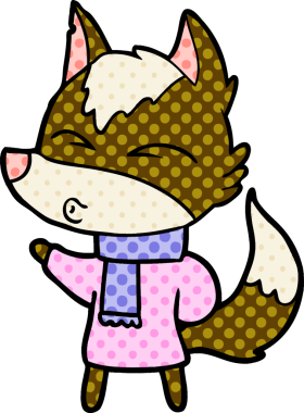 Bir insan tarafından çizilmiş kışın giydirilmiş kurt çizgi filmi.