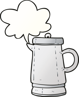 bir insan tarafından çizilmiş yumuşak eğimli konuşma baloncuklu eski metal çaydanlık.