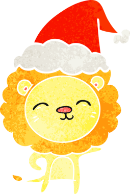 Bir insan tarafından çizilmiş Noel Baba şapkası giyen bir aslanın el çizimi karikatürü.