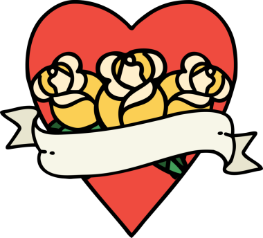 Geleneksel kalp şeklinde dövme ve bir insan tarafından çizilmiş çiçekli pankart.