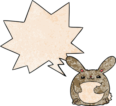 Konuşma baloncuklu çizgi film tavşanı insan tarafından çizilmiş.