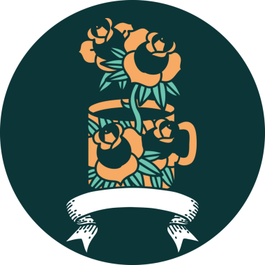 bir fincanın bayrağı ve bir insanın çizdiği çiçeklerle dövme tarzı simgesi