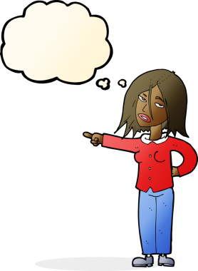 Bir insan tarafından çizilmiş düşünce balonuyla işaret eden çizgi film kadını.