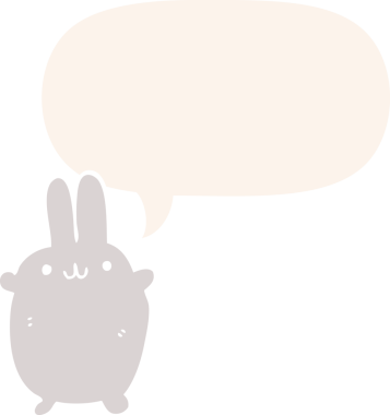 Konuşma baloncuklu çizgi film tavşanı insan tarafından çizilmiş.