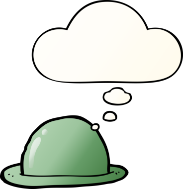 Düşünce baloncuklu çizgi film melon şapkası bir insan tarafından çizilmiş.