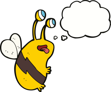 Bir insan tarafından çizilmiş düşünce balonlu komik bir arı.