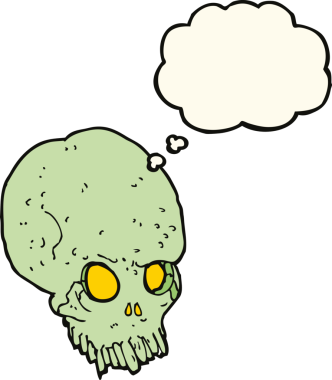 Bir insan tarafından çizilmiş düşünce baloncuklu garip kafatası.