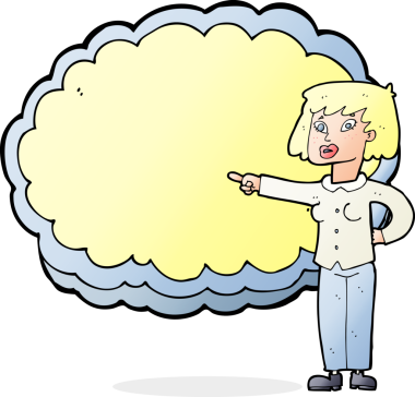 Bir insan tarafından çizilmiş metin bulutu alanını gösteren çizgi film kadını