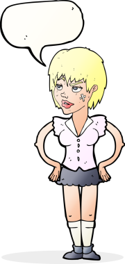 Kalçasında bir insan tarafından çizilmiş konuşma balonu olan sert kadın çizgi filmi.