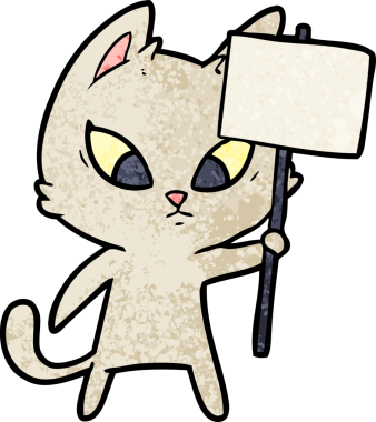 Bir insan tarafından çizilmiş protesto işareti olan kafası karışmış çizgi film kedisi.