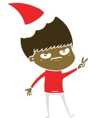 Bir insan tarafından çizilmiş Noel Baba şapkası takan bir çocuğun çizilmiş düz renk çizimi.