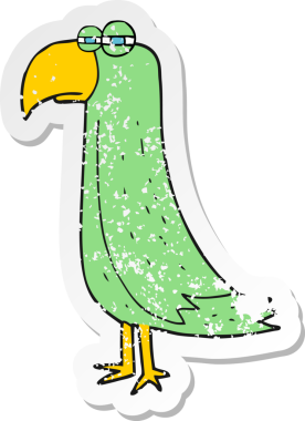 Bir insanın çizdiği karikatür papağanının kederli retro yapıştırması.