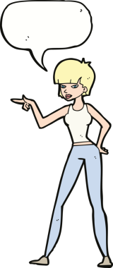 Bir insan tarafından çizilmiş bir konuşma balonuyla işaret eden çizgi film kadını.