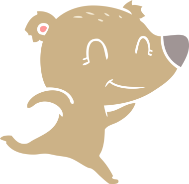 Bir insan tarafından çizilmiş düz renkli çizgi film koşan dost bir ayı.