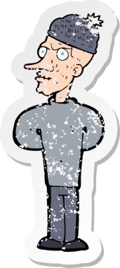 Bir insan tarafından çizilmiş kış şapkası giyen bir çizgi film karakterinin gerilimli retro çıkartması.