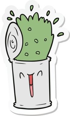 Bir karikatür çıkartması. Bir insan tarafından çizilmiş mutlu patlayan çorba kutusu.