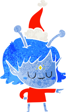 Bir insan tarafından çizilmiş Noel Baba şapkası giyen uzaylı bir kızın el çizimi karikatürü.