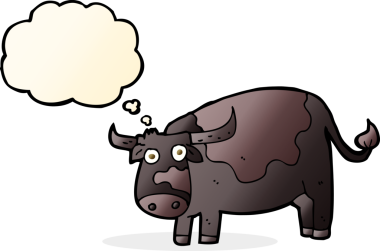 Bir insan tarafından çizilmiş düşünce balonlu çizgi film ineği.