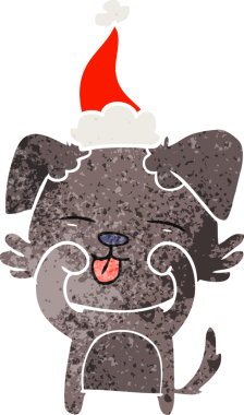 Bir insan tarafından çizilmiş Noel Baba şapkası giymiş, gözleri ovuşturan bir köpeğin el çizimi karikatürü