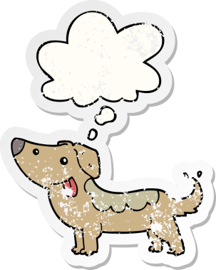 Düşünce baloncuğu olan çizgi film köpeği insan tarafından çizilmiş yıpranmış bir çıkartma gibi.