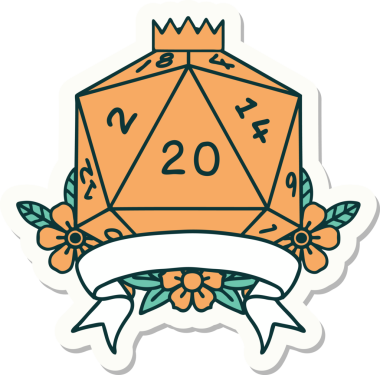 Bir insan tarafından çizilmiş 20 kritik vuruşluk D20 zar etiketi.