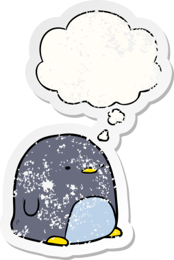 Düşünce baloncuğu olan sevimli penguen dertli bir çıkartma gibi bir insan tarafından çizilmiş.