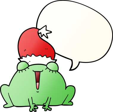 Bir insan tarafından çizilmiş, tatlı bir çizgi film karakteri, konuşma baloncuğu olan bir noel kurbağası.