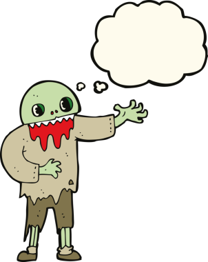 Bir insan tarafından çizilmiş düşünce baloncuklu tuhaf zombi çizgi filmi.