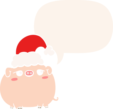 Bir insan tarafından çizilmiş eski moda konuşma baloncuklu noel şapkası takan bir domuz.