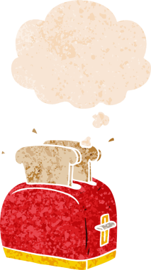 Düşünce baloncuklu çizgi film tost makinası bir insan tarafından çizilmiş grunge sıkıntılı retro desen tarzı