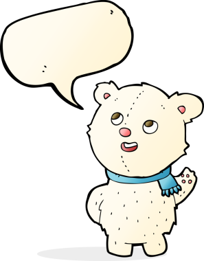 Bir insan tarafından çizilmiş konuşma balonlu şirin kutup ayısı yavrusu.