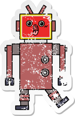 Bir insan tarafından çizilmiş sevimli bir robot çizgi film çıkartması.