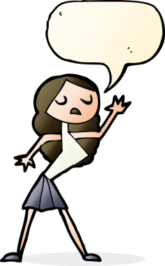 Bir insan tarafından çizilmiş konuşma balonuyla dans eden karikatür kadın.