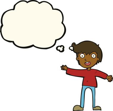 Bir insan tarafından çizilmiş düşünce baloncuğu olan heyecanlı çocuk.