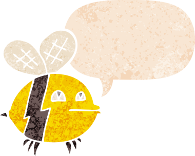 Konuşma baloncuğu olan çizgi film arısı bir insan tarafından çizilmiş dertli retro desenli.