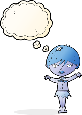 Bir insan tarafından çizilmiş düşünce balonlu vampir kız çizgi filmi.