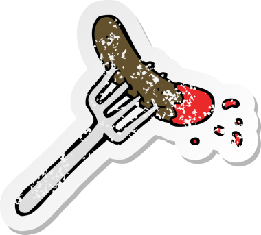 Çizgi film sosislisi çıkartması ve bir insan tarafından çizilmiş ketçap.