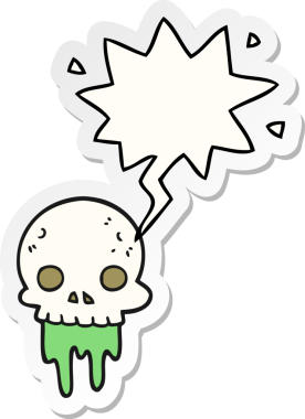 Bir insan tarafından çizilmiş konuşma baloncuğu etiketli tuhaf cadılar bayramı kafatası çizgi filmi.