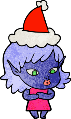 Bir insan tarafından çizilmiş Noel Baba şapkası takan bir elf kızı çizilmiş güzel bir el çizimi.