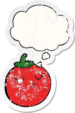 Düşünce baloncuklu çizgi film domatesleri insan tarafından çizilmiş yıpranmış bir çıkartma gibi.