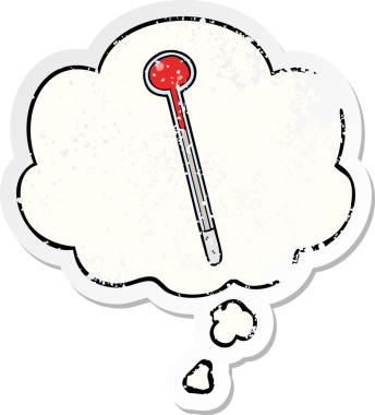Düşünce baloncuklu karikatür termometresi insan tarafından çizilmiş yıpranmış bir çıkartma.
