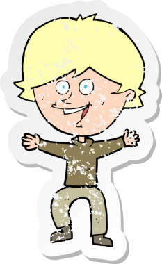 Bir insan tarafından çizilmiş mutlu çocuk çizgi filminin kederli retro yapıştırması.