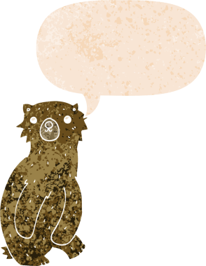 Bir insan tarafından çizilmiş grunge sıkıntılı retro biçimli konuşma balonu ile çizgi film ayısı