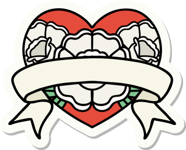 Geleneksel kalp stili dövme çıkartması ve bir insan tarafından çizilmiş çiçekli pankart.