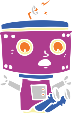 Bir insan tarafından çizilmiş düz renkli çizgi film robotu