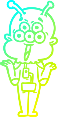 Bir insanın omuzlarını silkeleyen mutlu bir uzaylı çizgi filminin soğuk gradyan çizgisi.