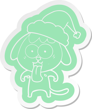 Bir insan tarafından çizilmiş Noel Baba şapkası takan bir köpeğin komik çizgi film çıkartması.